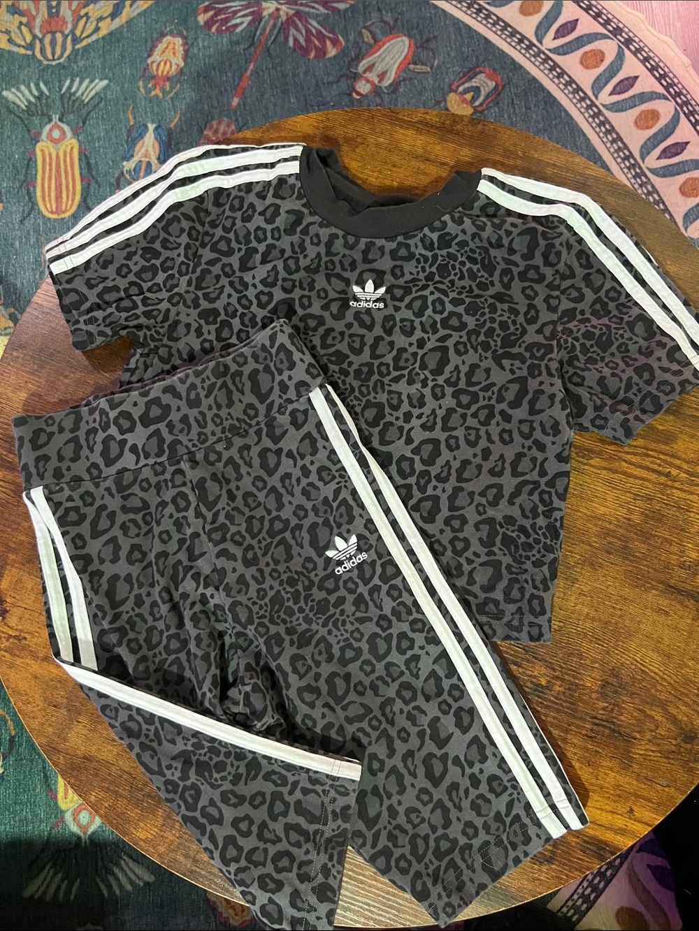 RARE adidas Black & Gray Leopard Print Crop Tee and Shorts Set